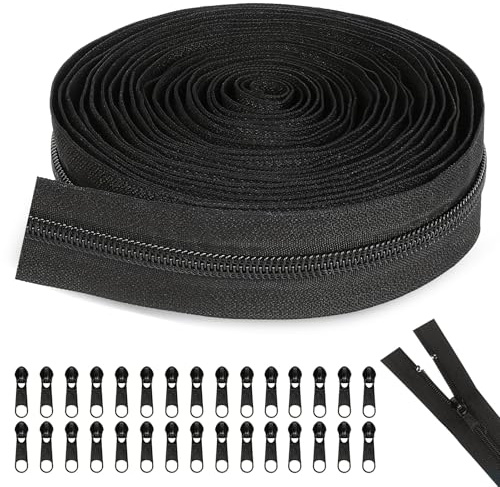 Cremallera continua con 30 cremalleras, cremallera de 20 m por metros, divisible, #5, cremalleras de nailon, 3 cm de ancho, para ropa, bolso, estuche, ropa de cama (negro)