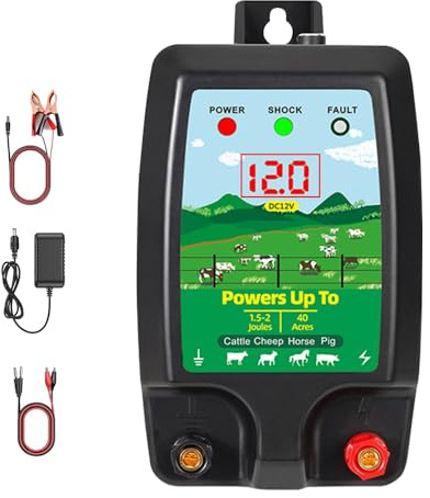 WDKXCN Electric Fence Energiser 12V, Input 12V Electric Fence Charger, Electric Fence Energiser for Horses, High Voltage Pulse Controller 10Km Range Pets & Security, AC/Battery/Solar Compatible