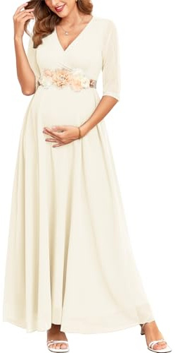 AISWI 3/4 Sleeve Maternity Dress Leaf Lace Contrast Chiffon V Neck Wrap A Line Flowy Pregnancy Dresses for Baby Shower, White, XX-Large