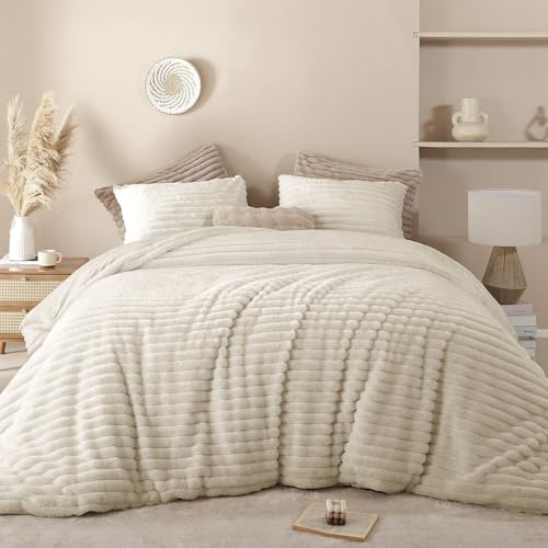 Lanqinglv Ropa de cama mullida de 200 x 200 cm, diseño de rayas, color beige, de felpa piel sintética franela, ropa de cama de invierno, cálida y acogedora, tacto de cachemira, funda nórdica con