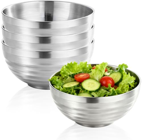 Cuenco de acero inoxidable de 4 unidades de 14 cm, vajilla de acero inoxidable, cuenco aislado de doble pared, cuenco ramen y cuenco integrado para mezclar, adecuado para platos fríos y calientes