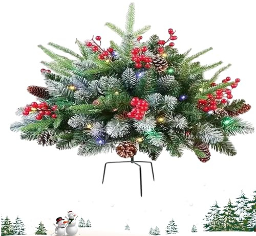 Prefabricated Artificial Christmas Tree with LED Lighting as a Planter Filler, Pre-Illuminated Art Christmas Tree with Cones and Red Berries, Festive Decoration for Entrance Area, Plant Pot