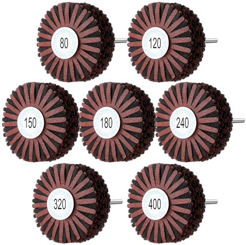 Tioncy 7 Pack Abrasive Cloth Flap Wheel 1/4-Inch Shank for Woodworking Root Carving Furniture Polishing 80, 120, 150, 180, 240, 320, 400 Grit