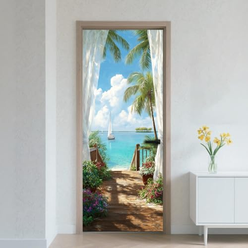 CRAFTYMELODY Autocollant de Porte Amovible en Vinyle PVC Imperméable Motif Arbre Eau Voilier Bord de Mer