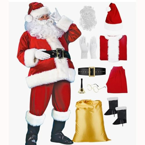 Costume da Babbo Natale per adulti, set da 10 pezzi, deluxe da uomo, taglie forti, cosplay, vestiti, pantaloni, stivali, cappello, barba, borsa, campana, guanti, occhiali, cintura, vestito di Babbo