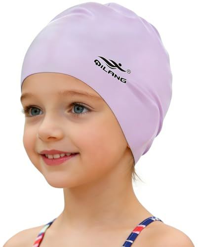 Kids Swim Cap - 100% Silicone Waterproof Swimming Hat for Girls Boys Teen, Keeps Hair Dry, Soft & Comfortable for Long & Short Hair (Light Purple)