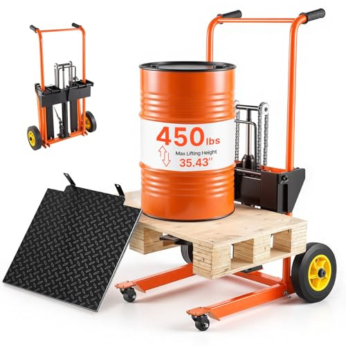 VEVOR Hydraulic Material Lift Winch Stacker, 450 lbs Load Capacity, 35.4'' Max Lifting Height, Pallet Truck Dolly with Fork Lift Table, Foldable & Portable Pallet Jack Table Cart, Orange & Black