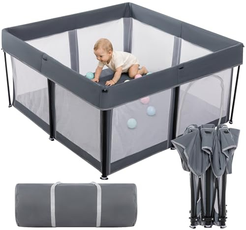 Foldable Baby Playpen, 127 x 127 cm Portable Playpen with Door, Indoor/Outdoor Activity Center for Infants & Toddlers,Grey