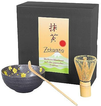 Aricola Matcha-Set 3-teilig, 250ml anthrazit gelb, bestehend aus Matcha-Schale, Matcha-löffel und Matcha-Besen (Bambus) in Geschenkbox. Original