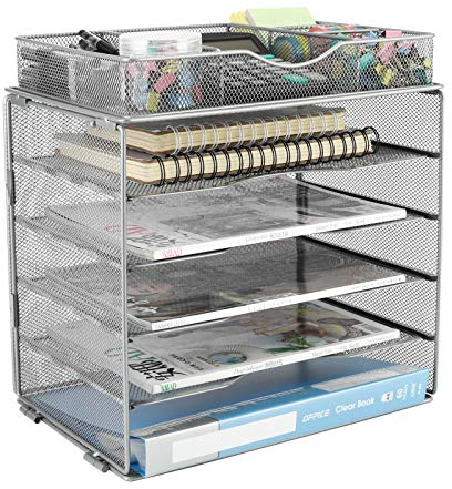 EasyPAG 5 Niveles Metal Malla A4 Bandeja Archivador Organizador Oficina Soporte Documentos Clasificador Papeles Almacenamiento Escritorio Estante Folios con Cajón,Plateado