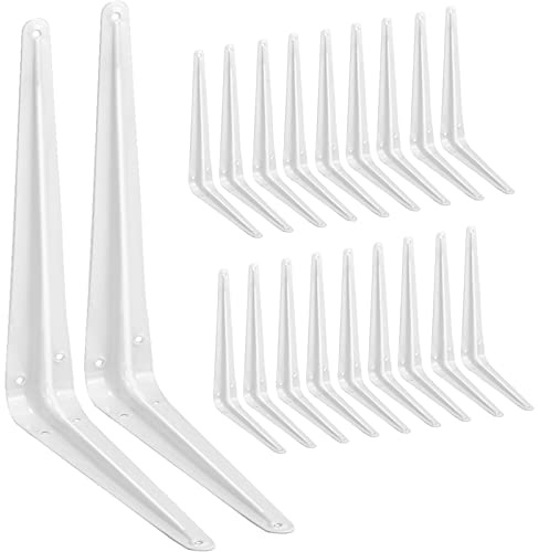 20 Pack Shelf Brackets 10 Inches White, Heavy Duty Steel Metal L Brackets for Shelves, J Brackets Wall Angel Corner Brace for Wood Board