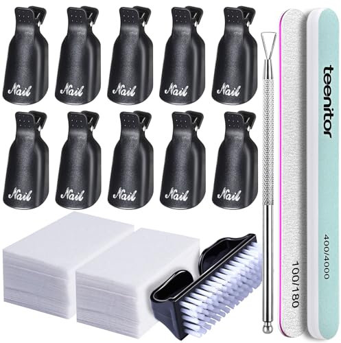Teenitor Black Acrylic Nail Remover Kit - Gel Nail Polish Remover Kit with Nail Clips & Lint Free Wipes, Soak Off Nail Clips For Removing Gel Polish with Cuticle Pusher Nail File Buffer Block