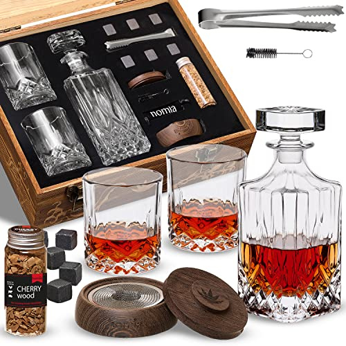 Whiskey Gift Set, 14 pcs - Whiskey Decanter + Wooden Smoker + Old Fashioned Glasses - 2 pcs, in Wooden Box with Wood Chips, Whiskey Stones 6 pcs Included - Gift for Men (Torch Not Included)