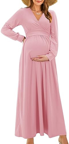 OUGES Women's 2025 Fashion Long Sleeve V Neck Maxi Dress with Pockets Maternity Clothes Nursing Dresses-M Pink