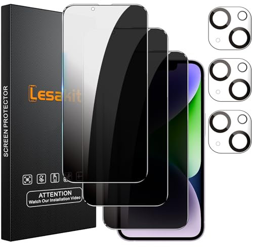 Lesakit 3+3 Pack Privacy Screen Protector for iPhone 14 Plus 6.7-Inch with 3 Pack Camera Lens Protector, Anti Spy Tempered Glass Film 9H Hardness Bubble Free Case Friendly