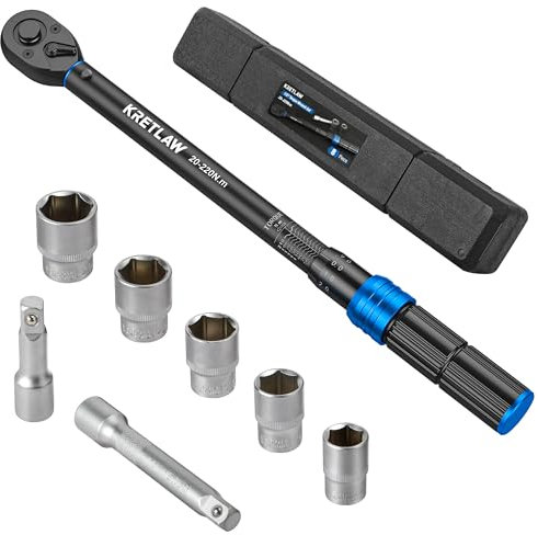KRETLAW Juego de Llave Dinamométrica de 8 Piezas, Llave de Torque de 1/2 20-220 Nm con Precisión ±3%, con Bloqueo y Trinquete de 72 Dientes, Extensiones de 3 y 5