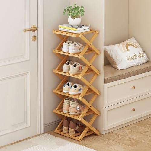 Zapatero Plegable, Organizador Vertical de Zapatos de Bambú Alto para Espacios Pequeños. Multifuncional y estrecho para la Entrada, el Armario, el Dormitorio, el Pasillo, Color Madera, 6 Niveles.