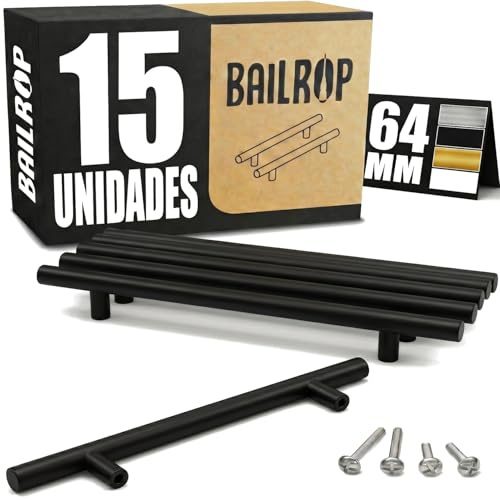 BAILROP Tiradores Cocina Negros 64MM Tiradores Armario Acero Inoxidable – Tiradores para Puertas y Muebles de Cocina Negros (15 PCS)