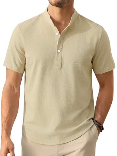 Enlision Mens Linen Shirt Short Sleeve Grandad T-Shirts Summer Casual Beach Holiday Shirts for Men Cheesecloth Henley Khaki L