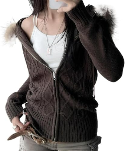 LLECDASEUI Faux Fur Trim Hoodies for Women, Y2k Cable Knit Long Sleeve Cropped Sweatshirt, Zip Up Slim Jacket with Fur Hood (S,Brown)