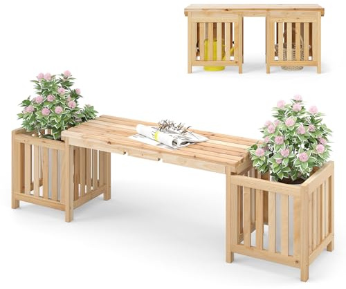 COSTWAY Trädgårdsbänk med växtlåda, träbänk med 2 blomlådor på sidan, 2-sitsig sittbänk av trä, för trädgård, balkong och terrass