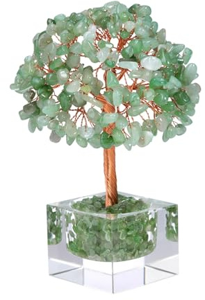 Jovivi Large Crystal Tree with Square Glass Base, Green Aventurine Healing Crystals Tree of Life Natural Chipped Gemstone Money Trees Feng Shui Good Luck Positive Energy Home Desk Decor