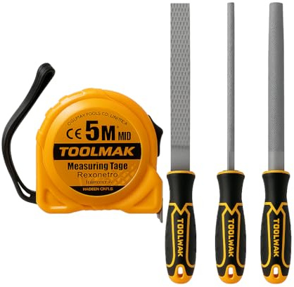 TOOLMAK Set Raspe per Legno 3 Pezzi 8” (200 mm) con Metro a Nastro 5M – Raspa Piana, Tonda e Mezzatonda – Kit Utensili per Fai da Te, Legno e Officina-TMK19476/TMK19775