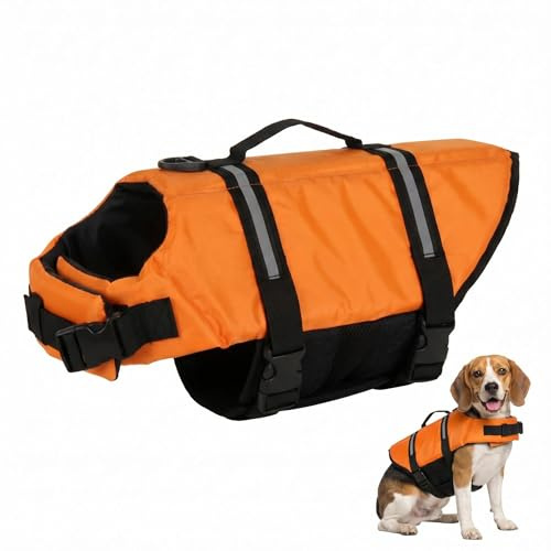 Satiskid Dog Life Jacket, Dogs Swimming Vest With Buoyancy & Safety for Small Dogs, Dog Life Vest With Rescue Handle & Reflective Elements For Water Sports Pool And Beach, Orange, M