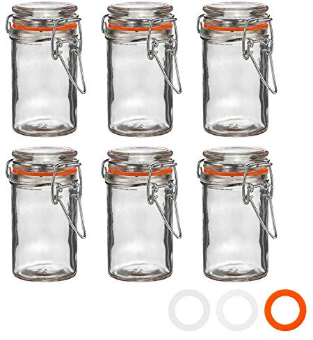 Argon Tableware Glass Spice Jars with Airtight Metal Clip Lid - 70ml/2.5oz - 6 Pack - 4 Colour Seals - Small Kitchen Storage Container Round Preserving Jar for Spice, Seasoning