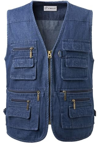 KTWOLEN Gilet en Jeans pour Homme Poids Lourd Gilet en Denim de Travail Vintage Veste de Denim Sans Manches Multi Poches Gilet de Moto, Bleu, XXL