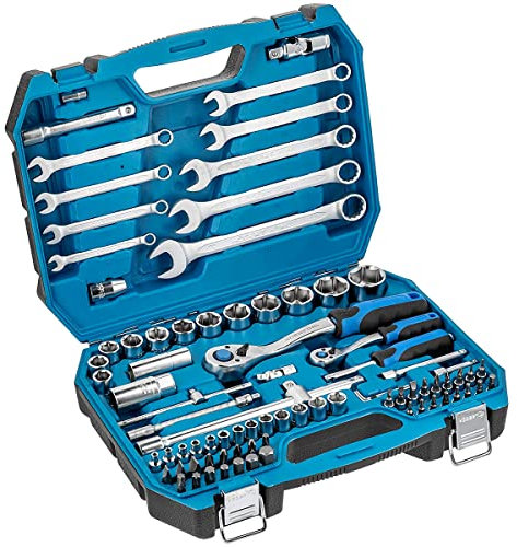 Högert Technik - Caja de Herramientas, Juego de Herramientas, Maletin Herramientas, Llaves de Vaso, Puntas y Accesorios, Acero Cr-V, Mecanismo de Carraca con 72 Dientes - HT1R425, 85 Piezas