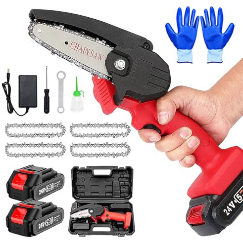 Mini Motosierra de Mano Motosierra Inalámbrica 4 Pulgadas Sierra Electrica Pequeñas con 2 Baterías 24V y Cargador para Podar Árboles de Jardinería, Red mini chainsaw