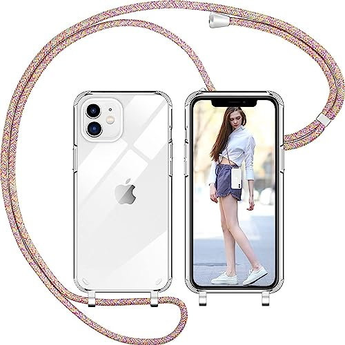 Nupcknn Coque avec Cordon pour iPhone 11, Transparent Coque Collier Réglable Téléphone Étui Portable Lanyard Case Protection Complète Cover de iPhone 11(Arcenciel)