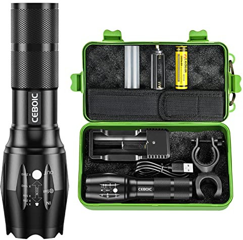 Ceboic Torcia LED Alta Potenza, 2000 Lumens Super Luminoso Tattica Militare Potente Torcia Elettrica, IP65 Impermeabile Zoomable 5 Modes Portatile Professionale Torce con Ricaricabile Batterie