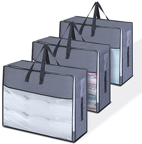 GARPROVM Clothes Storage Bags 3Pcs, 60x23x50cm, Large with Zips and Handles, Clear Duvet Storage with Label Slot, for Clothes, Bedding, Blankets, Pillows