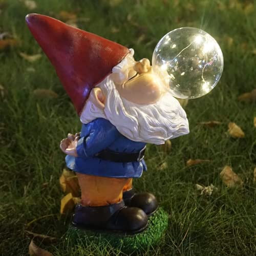 THE ENCHANTED GARDEN Garden Gnome Bubble Blowing Statue Standing Outdoor Resin Gnome Figurine Solar Powered LED Garden Lights for Patio Lawn Yard Décor