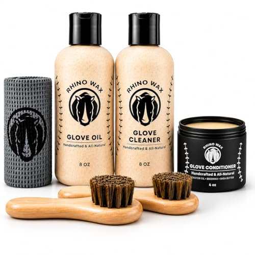 Rhino Wax - Baseball Glove Complete Maintenance Kit - Includes: Baseball Glove Cleaner (8 oz) Baseball Glove Oil (8 oz), Baseball Glove Conditioner (4 oz), 2 Brushes + Microfiber Cloth - Made in USA