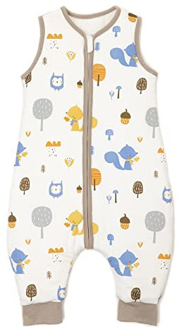 Baby Circle® babysovsäck, sovsäck med fötter 2,5 TOG, 100 % ekologisk bomull, året runt sovsäck babyfärg vit med djur, sovsäck vinter och sommar, Uggla | ekorre, 80 cm