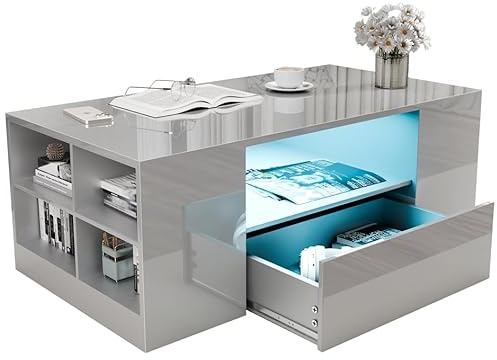 Blisswood Led Coffee Table with 2 Drawer Storage, High Gloss Coffee Table for Living Room Wooden Centre Table with RGB Led Lights Rectangle Tea Table for Living Room Furniture, Grey