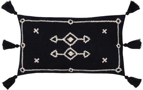 furn. Yard Folis Embroidered Cushion Cover – Global Geometric Embroidered Cotton Tasselled Edges Hidden Zip (Black – 50 x 30 cm)