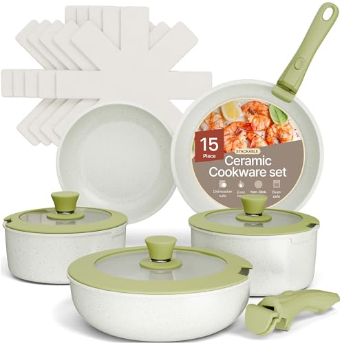 Bakken-Swiss Detachable 15-Piece Cookware Set – Granite Non-Stick – Eco-Friendly – Stackable Removable Handles – for All Stoves & Oven-Safe - Green/Cream Color