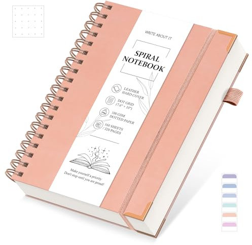 Notizbuch B5 Gepunktetes, Notizblock, Bullet Dot Grid Journal, Spiral Notizbücher 320 Seiten zum Schreiben, 100gsm, Leder Hardcover, für Frauen Männer Arbeit Büro Schule, 19 x 25 cm - Rosa