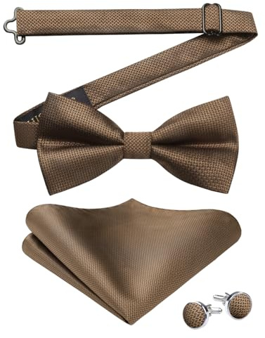 HISDERN Noeud Papillon Homme Marron Nœud Papillon Pré-noué de Homme et Mouchoir de poche Boutons Ensemble pour la Fête de Mariage Smoking
