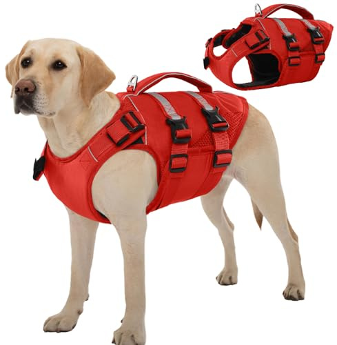 Kuoser Dog Life Jacket, High Flotation Dog Life Vest for Swimming Boating, Adjustable Ripstop Pet Lifesaver for Small Medium and Large Dogs, Reflective Safety Puppy Swimming Vest with Rescue Handle