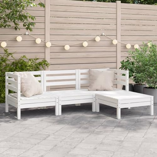 Gecheer Divano da Giardino 3 Posti Con Poggiapiedi, Modulare, Salottino da Esterno, Mobili da Giardino, Bianco Massello Pino