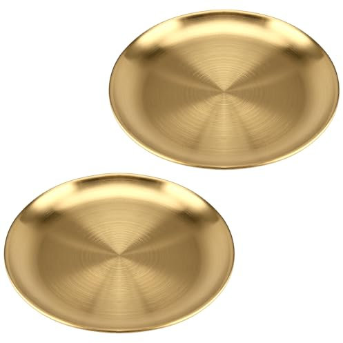 HEIYUET 2 Stück Goldenes Rundes Tablett, 20cm Edelstahl Tablett Gold, Rundes Serviertablett Gold, Gold Metall Dekoteller für Lebensmittel, Bar, Küche, Badezimmer