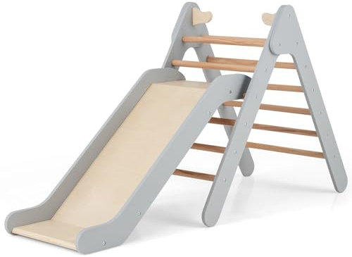 HOMASIS 2 in 1 Kletterdreieck mit Rutsche, Klettergerüst Indoor, verstellbar Kletterspielzeug Kinder Klettern Holz, Kletterleiter Sprossendreieck Spielplatz, Kletterbogen ab 1 Jahren (Grau)