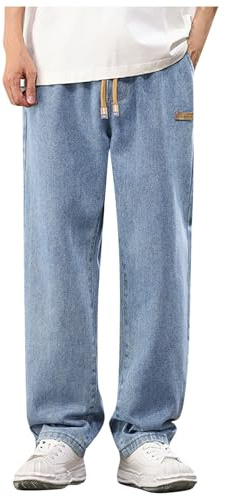 DUHENWU Pantalones de mezclilla para hombre, baggy, sweatpants elásticos, cintura con cordón, pierna ancha, pantalones deportivos largos, sweatpants con bolsillos, pierna recta, pantalones de