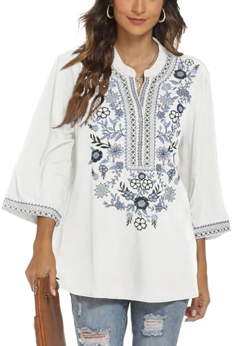 Vakakado Messico, camicia ricamata bohémien con fiori folklore tunica top boho camicette maniche a 3/4 con scollo a V, 372-bianco, L