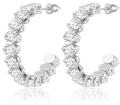Linawe Silver Half Hoop Earrings for Women, White Gold Chunky Huggie Earrings, Birthstone Rhinestone Imitation Diamond Crystal Earrings, Hypoallergenic Stainless Steel Large Hoops